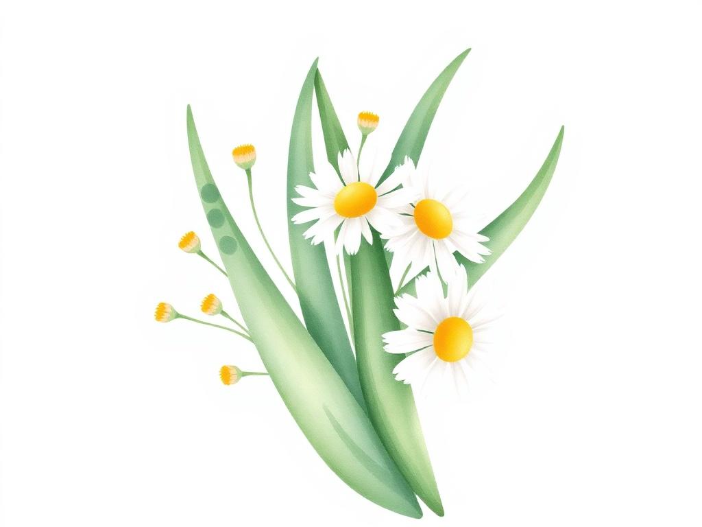 Ilustração botânica de camomila e aloe vera